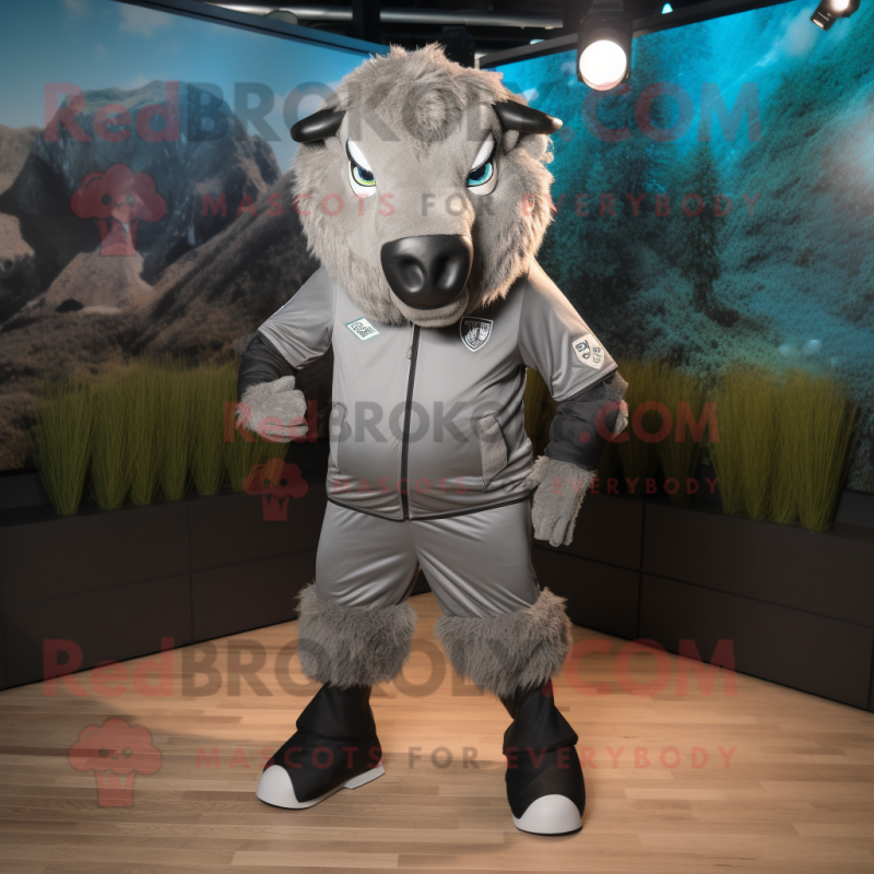 Silver Buffalo mascot costume character dressed with a Joggers and Belts