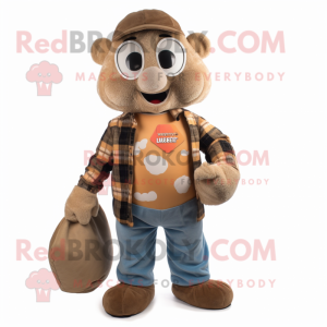 Tan Momentum mascot costume character dressed with a Flannel Shirt and Coin purses