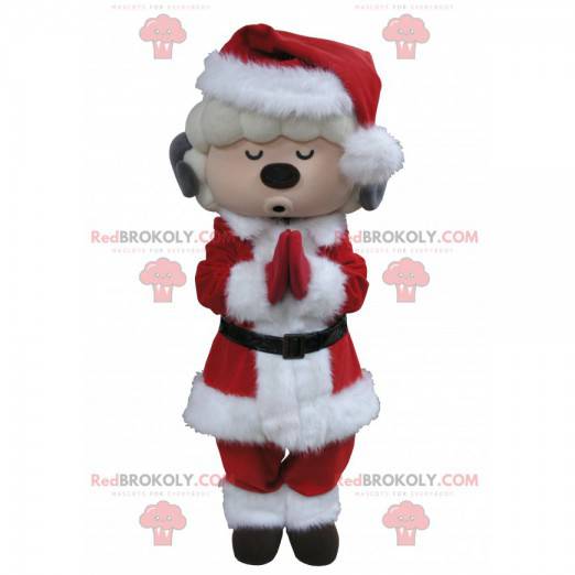 Mascote de cabra branco e cinza vestido de Papai Noel -