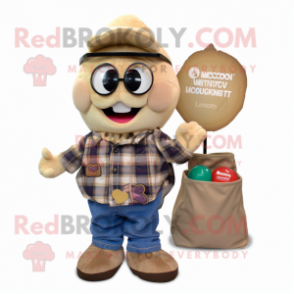 Tan Momentum mascot costume character dressed with a Flannel Shirt and Coin purses