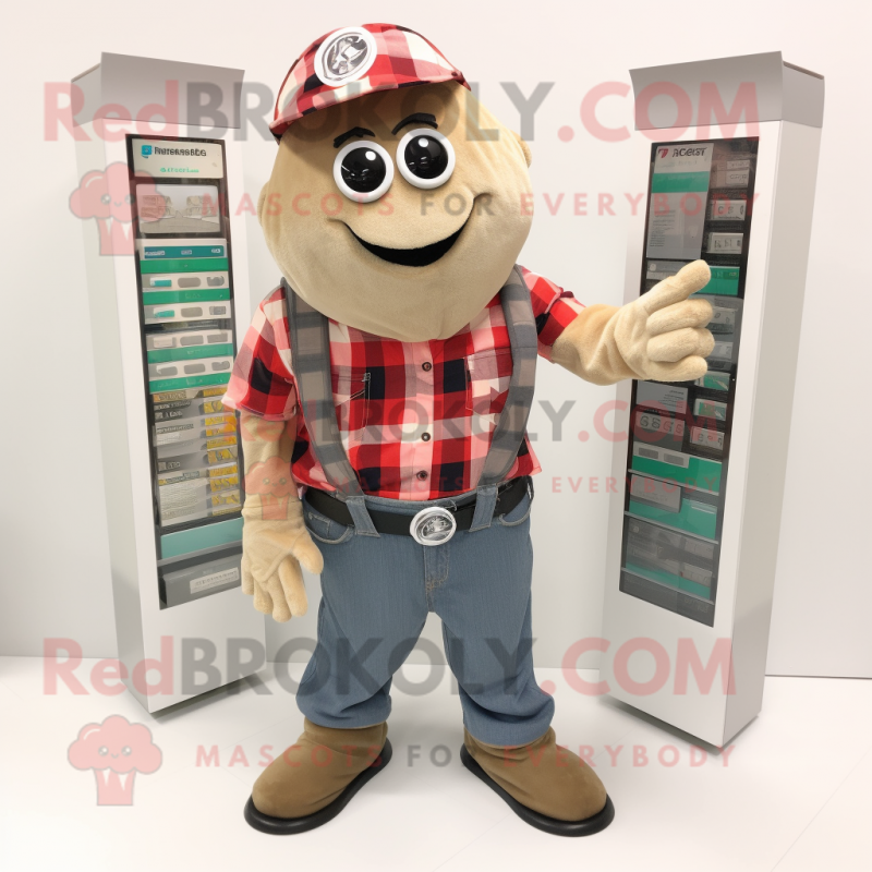 Tan Momentum mascot costume character dressed with a Flannel Shirt and Coin purses Tan Momentum mascot costume character dressed with a Flannel Shirt and Coin purses