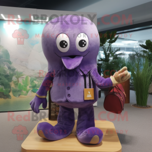 Purple Octopus mascot costume character dressed with a Corduroy Pants and Wallets