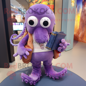Purple Octopus mascot costume character dressed with a Corduroy Pants and Wallets