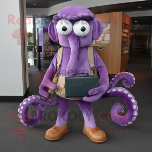 Purple Octopus mascot costume character dressed with a Corduroy Pants and Wallets