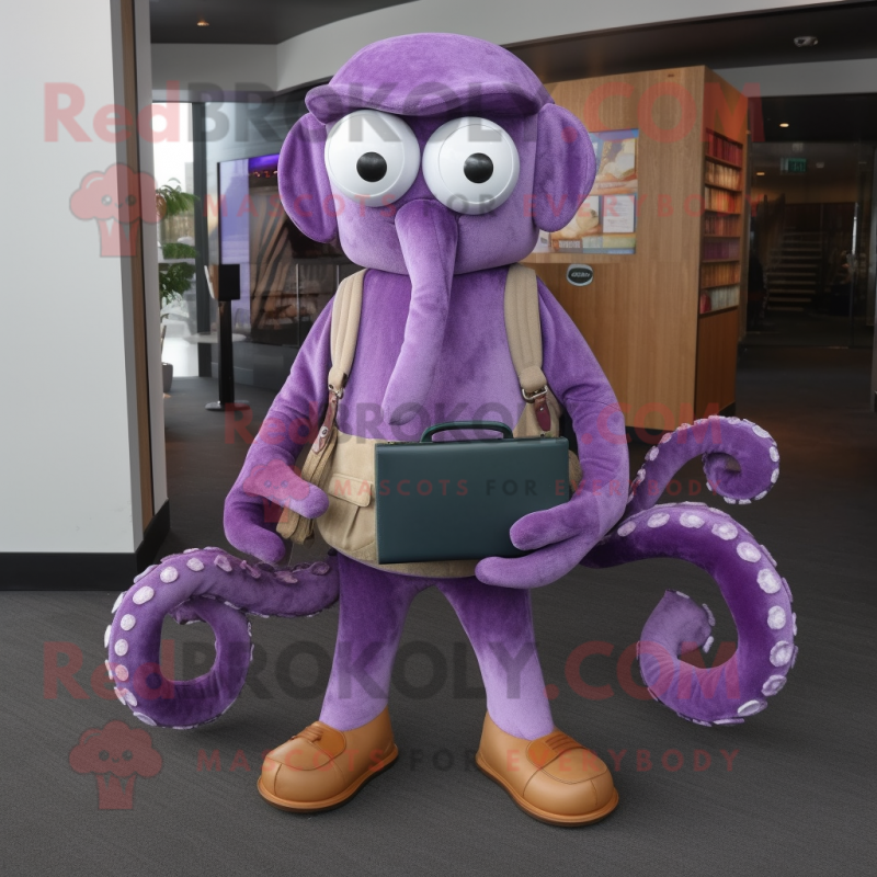 Purple Octopus mascot costume character dressed with a Corduroy Pants and Wallets Purple Octopus mascot costume character dressed with a Corduroy Pants and Wallets
