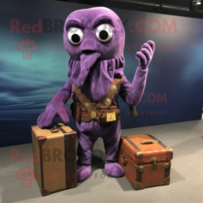 Purple Octopus mascot costume character dressed with a Corduroy Pants and Wallets