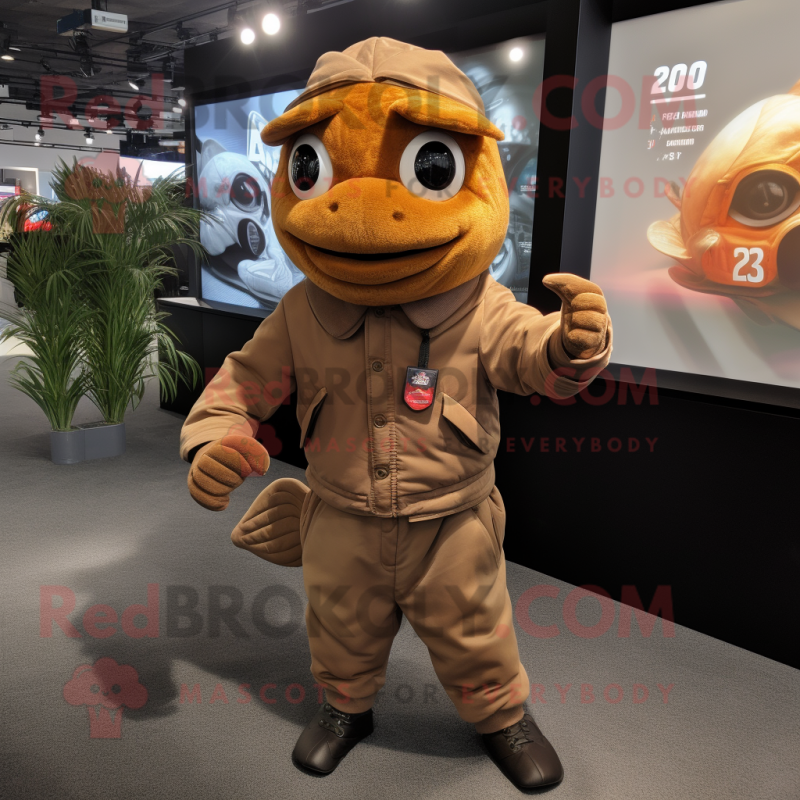 Brown Goldfish mascot costume character dressed with a Bomber Jacket and Gloves