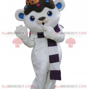 Mascot oso de peluche blanco y azul con chocolate en la cabeza