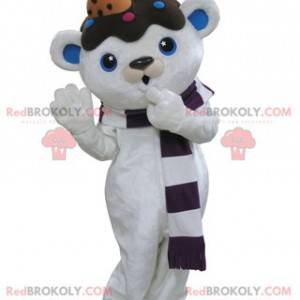 Mascot white and blue teddy bear with chocolate on the head -