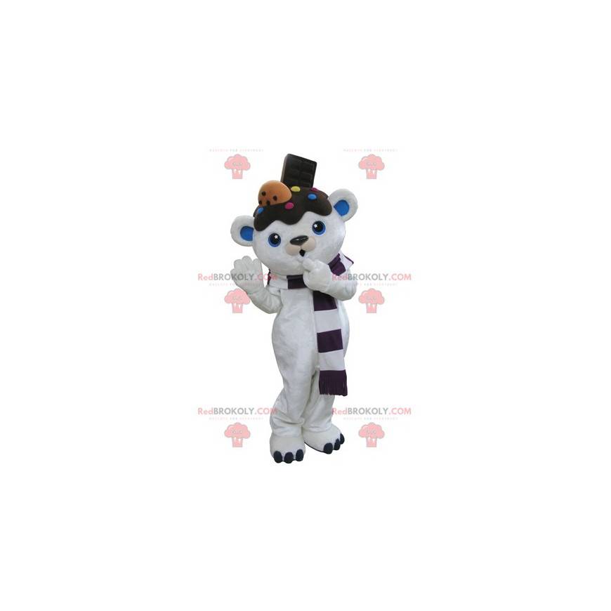 Mascot white and blue teddy bear with chocolate on the head -