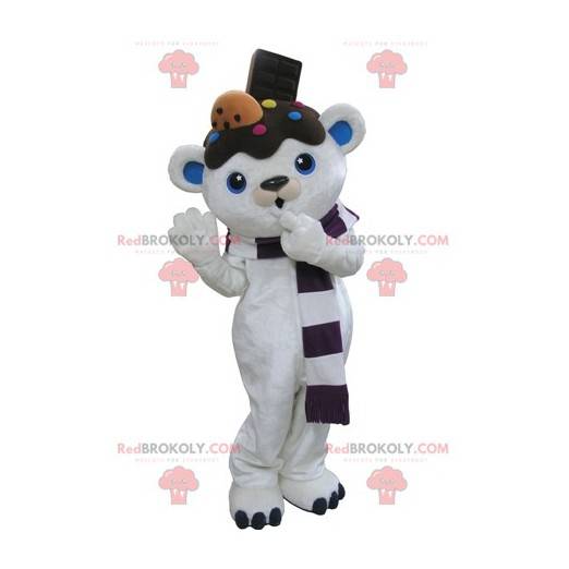 Witte en blauwe teddybeer mascotte met chocolade op het hoofd -