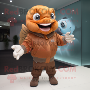 Brown Goldfish mascot costume character dressed with a Bomber Jacket and Gloves