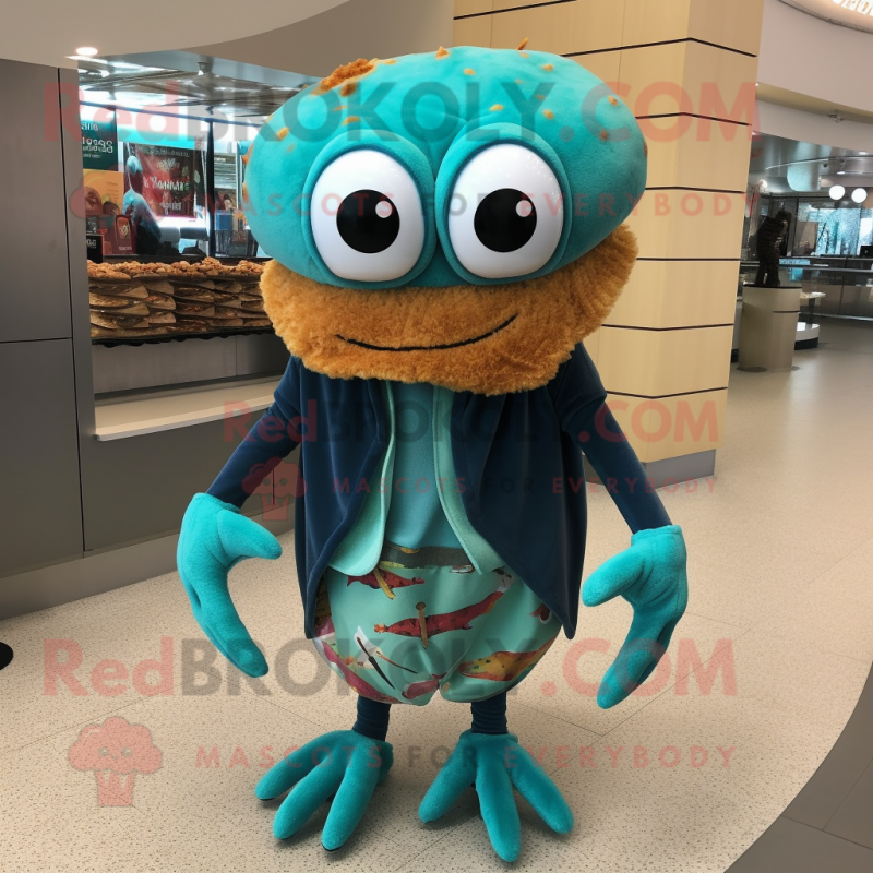 Turquoise Crab Cakes mascot costume character dressed with a Jeggings and Shawl pins Turquoise Crab Cakes mascot costume character dressed with a Jeggings and Shawl pins