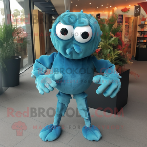 Turquoise Crab Cakes mascot costume character dressed with a Jeggings and Shawl pins