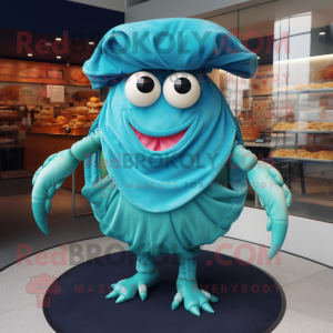 Turquoise Crab Cakes mascot costume character dressed with a Jeggings and Shawl pins