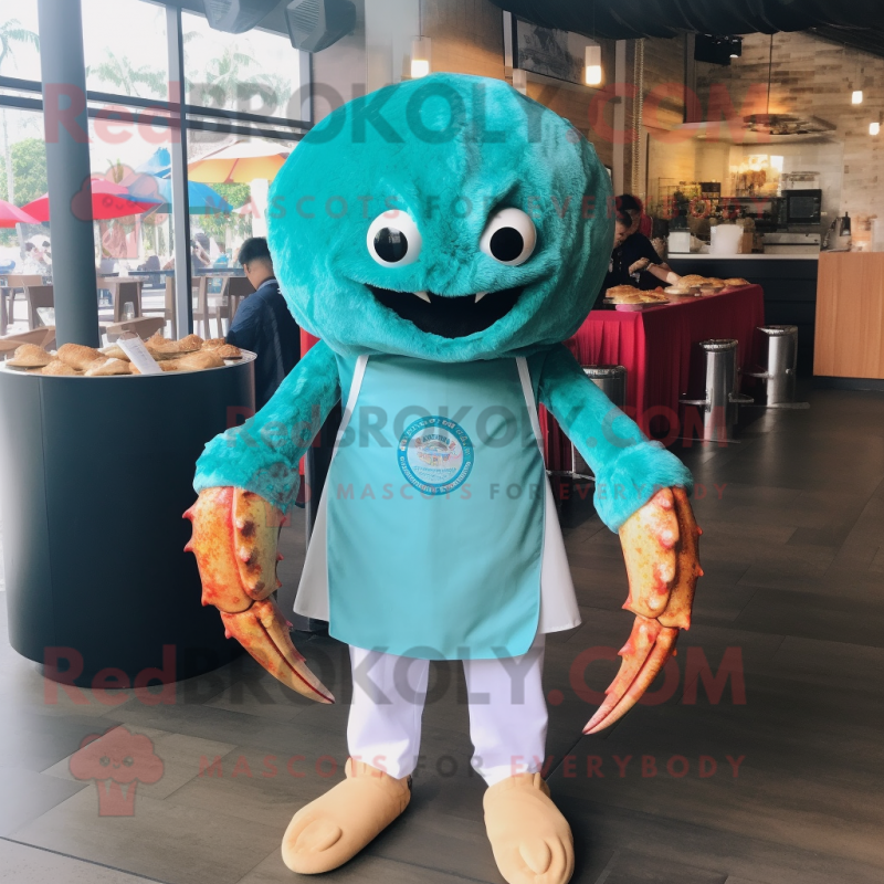 Turquoise Crab Cakes mascot costume character dressed with a Jeggings and Shawl pins