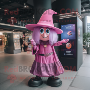 Pink Witch mascot costume character dressed with a Bootcut Jeans and Coin purses