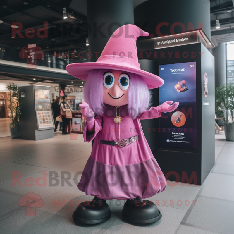 Pink Witch mascot costume character dressed with a Bootcut Jeans and Coin purses Pink Witch mascot costume character dressed with a Bootcut Jeans and Coin purses