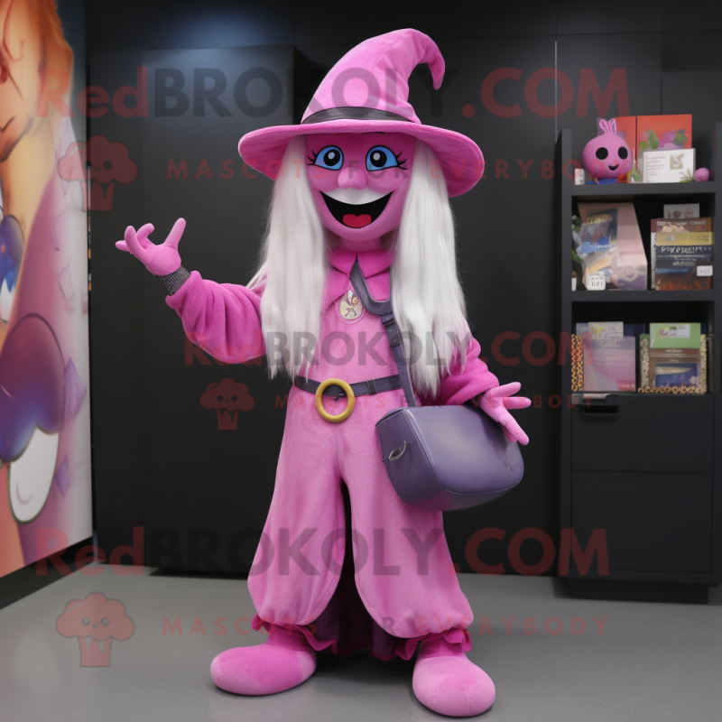 Pink Witch mascot costume character dressed with a Bootcut Jeans and Coin purses