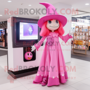 Pink Witch mascot costume character dressed with a Bootcut Jeans and Coin purses