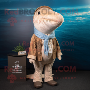 Tan Humpback Whale mascot costume character dressed with a Vest and Earrings