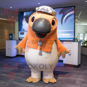 Tan Humpback Whale mascot costume character dressed with a Vest and Earrings