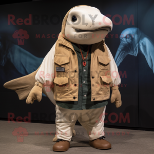 Tan Humpback Whale mascot costume character dressed with a Vest and Earrings