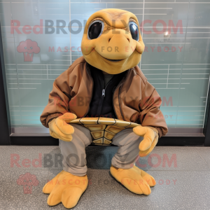 Brown Sea Turtle mascot costume character dressed with a Leather Jacket and Shoe clips