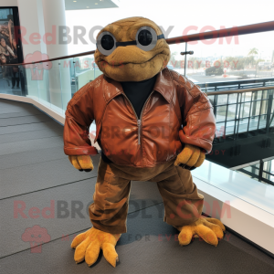 Brown Sea Turtle mascot costume character dressed with a Leather Jacket and Shoe clips