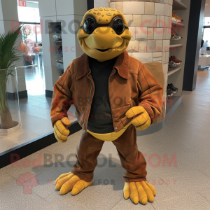 Brown Sea Turtle mascot costume character dressed with a Leather Jacket and Shoe clips