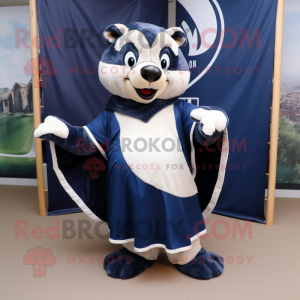 Navy Badger mascot costume character dressed with a Skirt and Shawls