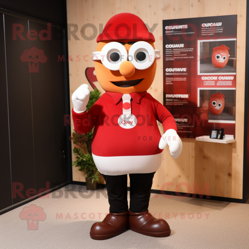 Red Guinness mascot costume character dressed with a Poplin Shirt and Eyeglasses Red Guinness mascot costume character dressed with a Poplin Shirt and Eyeglasses