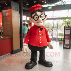 Red Guinness mascot costume character dressed with a Poplin Shirt and Eyeglasses