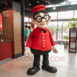 Red Guinness mascot costume character dressed with a Poplin Shirt and Eyeglasses