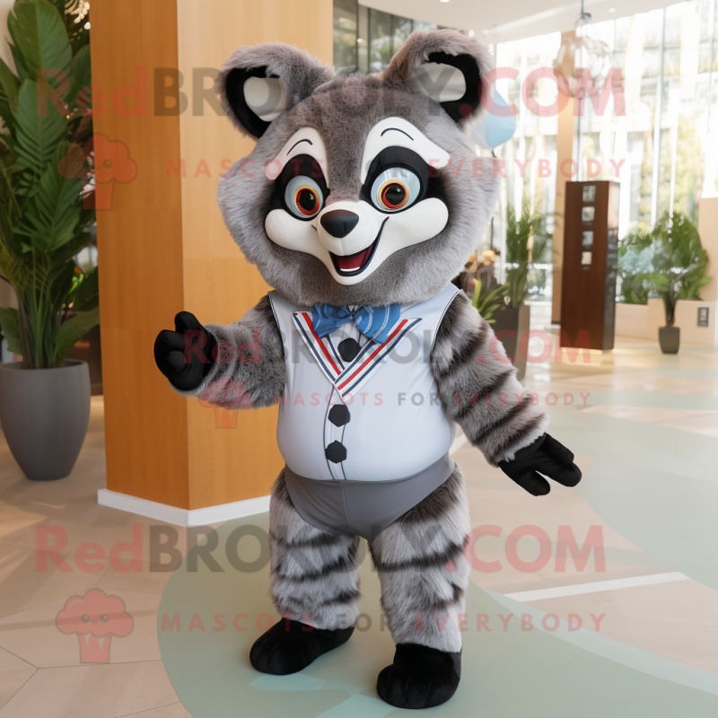 Gray Raccoon mascot costume character dressed with a Jumpsuit and Bow ties