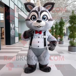 Gray Raccoon mascot costume character dressed with a Jumpsuit and Bow ties