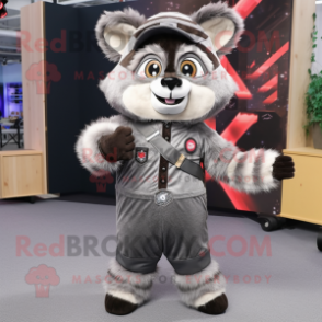 Gray Raccoon mascot costume character dressed with a Jumpsuit and Bow ties