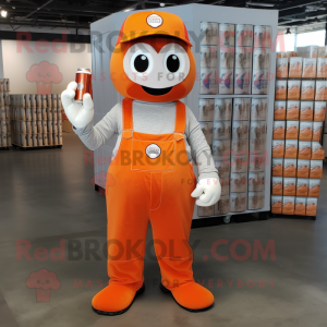 Orange Soda Can mascot costume character dressed with a Overalls and Scarves