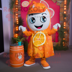 Orange Soda Can mascot costume character dressed with a Overalls and Scarves