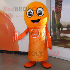 Orange Soda Can mascot costume character dressed with a Overalls and Scarves