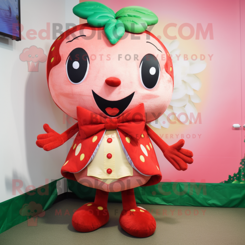 Tan Strawberry mascot costume character dressed with a Dress and Bow ties Tan Strawberry mascot costume character dressed with a Dress and Bow ties