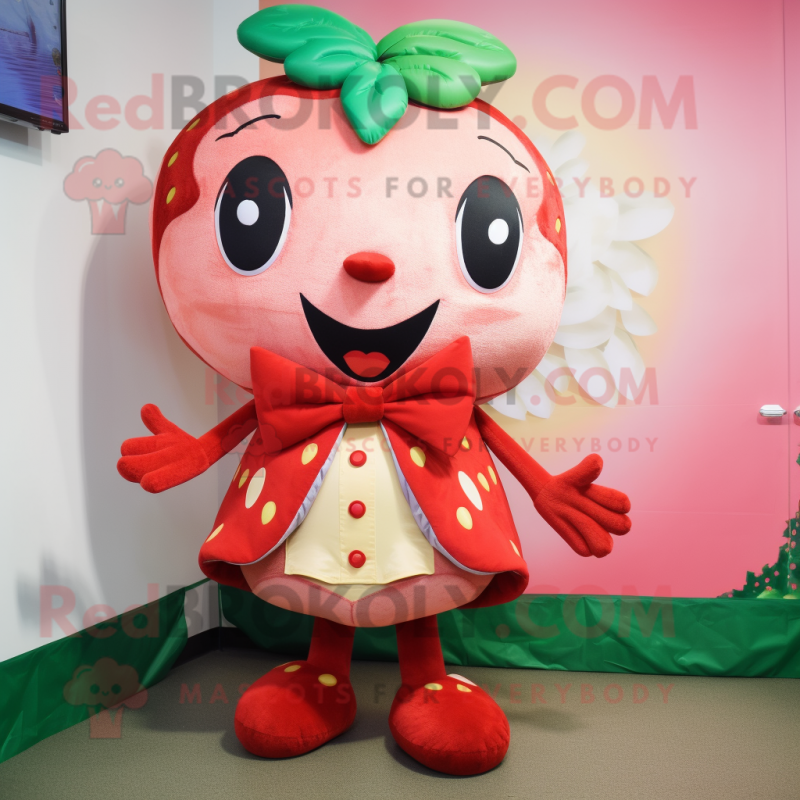 Tan Strawberry mascot costume character dressed with a Dress and Bow ties