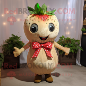 Tan Strawberry mascot costume character dressed with a Dress and Bow ties