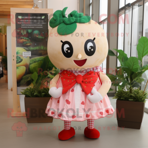 Tan Strawberry mascot costume character dressed with a Dress and Bow ties