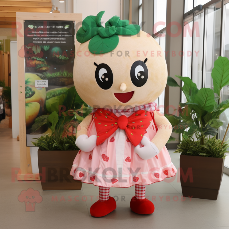 Tan Strawberry mascot costume character dressed with a Dress and Bow ties