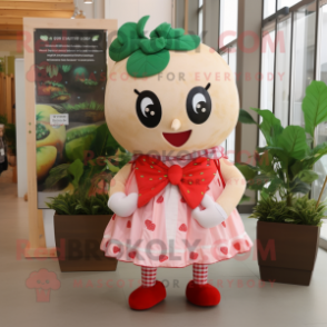 Tan Strawberry mascot costume character dressed with a Dress and Bow ties