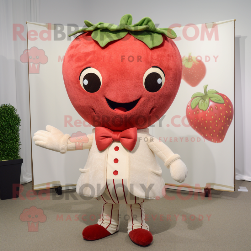 Tan Strawberry mascot costume character dressed with a Dress and Bow ties Tan Strawberry mascot costume character dressed with a Dress and Bow ties