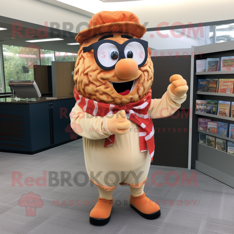 Peach Pulled Pork Sandwich mascot costume character dressed with a Trousers and Reading glasses Peach Pulled Pork Sandwich mascot costume character dressed with a Trousers and Reading glasses