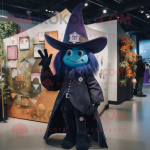 Navy Witch'S Hat mascot costume character dressed with a Bootcut Jeans and Lapel pins