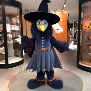 Navy Witch'S Hat mascot costume character dressed with a Bootcut Jeans and Lapel pins